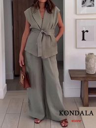 KONDALA Vintage Grey Solid Chic Women Suit Sleeveless Notched Belt Top Straight Loose Pants Fashion Summer Sets 240408