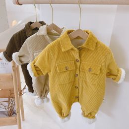 One-Pieces 2022 Autumn New Baby Corduroy Cardigan Romper Infant Girl Long Sleeve Plus Velvet Jumpsuit Toddler Boy Solid Pocket Onepiece