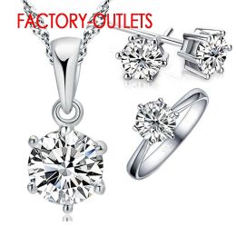 Necklaces 925 Silver Needle Bridal Jewellery Set Classic 5 Claws Crystal Necklaces Rings Earrings Women Girls Engagement Anniversary