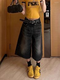 Women's Jeans ADAgirl Black Calf-Length Shorts Women Streetwear Vintage Oversize Wide Leg Denim Pants Y2k Causal Do Old Summer Bottoms