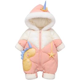 Coats OLEKID 2022 Plus Velvet Winter Baby Girl Romper Cartoon Dinosaur Hooded Newborn Down Overall Coat Toddler Girl Jumpsuit Snowsuit