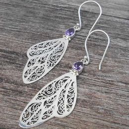 Dangle Chandelier Exquisite Silver Color Metal Hollow Carving Spiral Earrings Vintage Water Droplet Inlaid Purple Zircon Women H240423