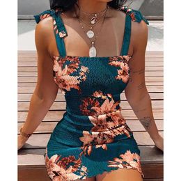 Women Sexy Slim Short Dress Slash Neck Strapless Sheath Slip Dress Summer Beach Ladies Fashion Strappy Sleeve Floral Print Dress 240419