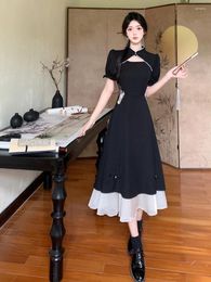Party Dresses -size Women's Summer Chinese Vintage Embroidery Patchwork Cheongsam Fishtail Senior Sense Black Dress