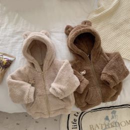 Coats 9517E Baby Coat Kroean Ins Baby Winter Clothes 9516 Matching Coat Fleece Warm Baby Boy Coat Cartoon Bear Hooded Girl's Coat