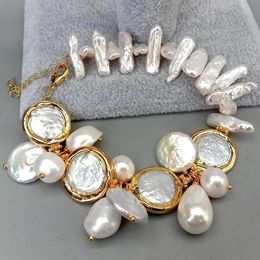 YYGEM Natural Freshwater White Biwa Pearl Coin Keshi Pearl Sea Shell Pearl Bracelet 8 240414