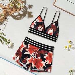 Women's Swimwear Printed Triangle Cup Swimsuit Set Fashionable Large Chest Gathered Backless High Waist Beach