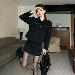 Two Piece Dress Women's Fall/Winter French Style Vintage Fleece Blazers Half Skirt Set Black Hepburn Tweed Socks Two-Piece Sets