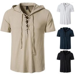 Men's T Shirts Solid Colour Men V-neck Tops Breathable Top Lace-up V Neck Hooded Summer T-shirt Soft Slim Fit For Sports