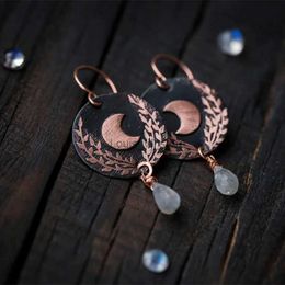 Dangle Chandelier Tribe Carving The Moon Earrings Vintage Metal Bronze Sculpture Leaves Drop for Women Jewelry H240423