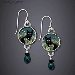 Dangle Chandelier Vintage Round Black Cat Earrings for Women Ethnic Antique Silver Color Painting Green Leaves Blauwe Parel H240423