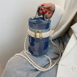 Shoulder Bags 2024 Fashion Denim Women Bucket Bag Pearl Messenger High Quality Retro Simple Crossbody Tote