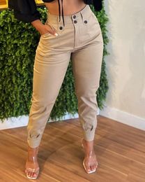 Women's Pants 2024 Autumn Fashion Khaki Casual Button Pocket Design High Waist Cargo Pencil Ankle Length Trousers