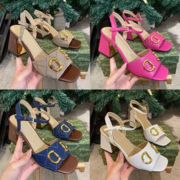 Designer Women Sandals brand High heels Calf leather Dress Shoes Womens Slides Summer Metal Belt Buckle Sandal size 35-42