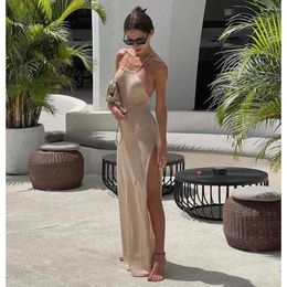Casual Dresses 2024 Kintted Cover Up Beach Sexy See Through Maxi Slit Bodycon Summer Dress Bikinis Cover-ups Elegant Halter Beachdress