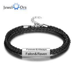 Bangle JewelOra Personalised Stainless Steel Men Bracelets Custom Engrave Names Multilayer Braided Rope Bracelets for Men Father Gifts