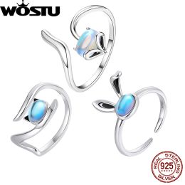 Rings WOSTU 925 Sterling Silver Fox Cat Rabbit Moonstone Rings Women Adjustable Cocktail Ring Party Band s925 Silver Jewellery Gift