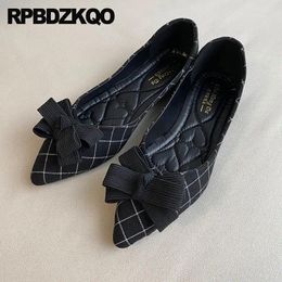 Casual Shoes Gray Women Flats With Little Cute Bowtie Breathable Pointed Toe Plaid Wedge Grey Bow Japanese Footwear Ladies Large Size