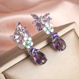 Charm Elegant Purple Zircon Butterfly Drop Earrings for Women 2024 New Fashion Silver Colour Geometry Earrings Wedding Party Jewellery Y240423