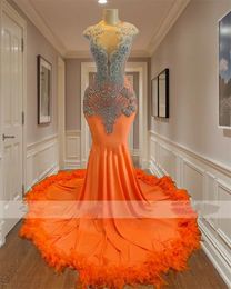 Sparkly Orange Mermaid Prom Dresses 2024 For Black Girls Gliter Beads Rhinestones Feathers Evening Dresses Birthday Party Gown