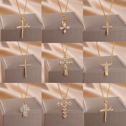 Necklaces Fashion Zircon Cross Pendant Necklace For Women Man Gold Colour Stainless Steel Clavicle Chain Necklaces Trend Couple Jewellery