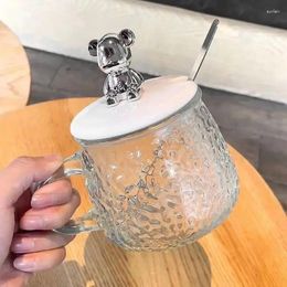 Wine Glasses Hammer Patterned Bear Glass Cup Coffee Cups Minimalist Women's Water With Handle Lid Spoon Transparent Tea Bottle