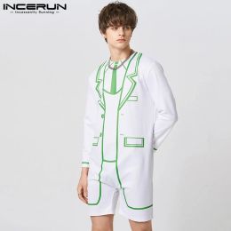 Pants INCERUN 2023 American Style Handsome Men Simulation Line Jumpsuit Fashion Male Colour Contrast Printed Longsleeved Rompers S5XL