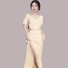 Work Dresses French Knitted Two Piece Set For Women Hollow Out Short Sleeve Crop Top Tshirt A-line Long Skirt Sets Korean Fashion Outfit