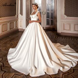 Luxury Satin A-Line Wedding Dress Square Collar Abiti da sposa eleganti 2024 con perle perle Appliques Lace