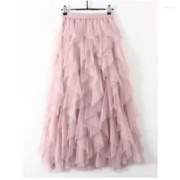Skirts Solid Casual Tulle Long Skirt For Women 2024 Summer Fashion Women's High Waist Mesh Pleated Midi Female Elegant Tutu