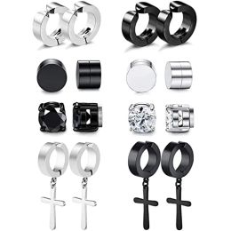 Earrings 1 Pairs/8 Pairs Magnetic Ear Clip Set Men And Women Stainless Steel Ring Cross NonPerforated Fake Gauge Earrings Hypoallergenic