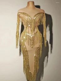 Stage Wear Party Singer Costume Sexy Golden Fringe Transparent Gauze Women Dress Long Sleeve Irregular Hemline