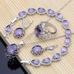 Sets Women Birthstone Silver 925 Jewellery Sets Purple Amethyst Crystal Exquisite Lady Earrings Ring Fashion Collares Set Dropshipping