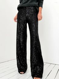 Women's Pants Sequins Flared Straight Bling Trousers Women Solid Black High Waist Party Evening Fashion Streetwear Pink 2024