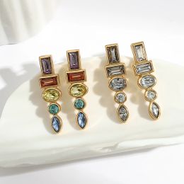 Earrings AENSOA Elegant Rainbow Colour Crystal Long Drop Earrings for Women Gold Plated Fine Jewellery Gift Brincos Aretes Accessories