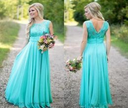 2021 Turquoise Bridesmaids Dresses Sheer Jewel Neck Lace Top Chiffon Long Country Bridesmaid Maid of Honor Wedding Guest Dresses8902757