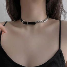 Necklaces Kpop Black Leather Choker Stainless Steel Cuban Clavicle Chain Collar For Women New Goth Ladies Jewelry Wholesale