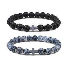 Strands 8mm Beads Cross Hematite Bracelet & Bangles Natural Black Lava Stone Charms Bracelets for Women Men Yoga Jewellery pulseras hombre