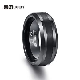 Bands JQUEEN 8mm Tungsten Carbide Ring Black Wedding Engagement Band Brushed Centre Men's Ring Bevelled Edge Comfort Fit Size 712