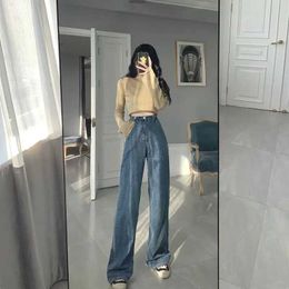 Women's Jeans New Light Blue Jeans For Women Washed Retro High Waist Straight Long Loose Wide Leg Jeans Women trousers strtwear pants Y240422