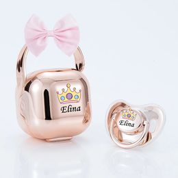 MIYOCAR Personalised bow Metallic rose gold bling pacifier and pacifier box set BPA free dummy Luxury baby shower gift 240409