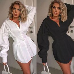Women's Blouses Solid Color Deep V Gathered Waist Shirt Dress Tight
