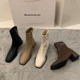 Boots Autumn Fashion Ankle Women High Heel Thicks Square Toe Short Retro 2024 Winter Warm Plush Ladies