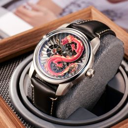 Kits OBLVLO Men's Red Dragon with Double Wheels Mechanical Watch Fashion Black Leather Luminous Transparent Automatic Watch JMDRAGON