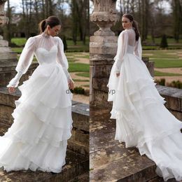 Elegant Tiered Cascading Ruffles A Line Wedding Dresses High Neck Beads Long Sleeve Bellanaija Nigerian Arabic Country Bridal Gowns