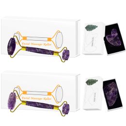 Massager Amethyst Face Massage Roller Gouache Scraper Set for Facial Massage Natural Purple Crystal Gua Sha Board Skin Care Tool Box Kit