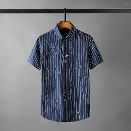 Men's Casual Shirts 2024 Silk Male Luxury Short Sleeve Stripe Mens Dress Fashion Slim Fit Bee Pin Party Man 4XL