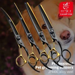 Scissors Fenice Professional 7.0/8 Inch Pet Grooming Black Gold JP440C Curved Thinning Cutting Shears tijeras para cortar pelo de perro