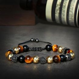 Strands Luxury CZ Ball Men Jewellery Bangle Bracelet Bijoux 2020 Tiger Eye Stone Copper Macrame Bracelet Bangle Men