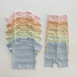 Clothing Sets Baby Cotton Ribbed Clothes Set Short Sleeve Tops + Shorts 2pcs Suit Candy Colour Girl T Shirts Solid Boys Outfits H240423
